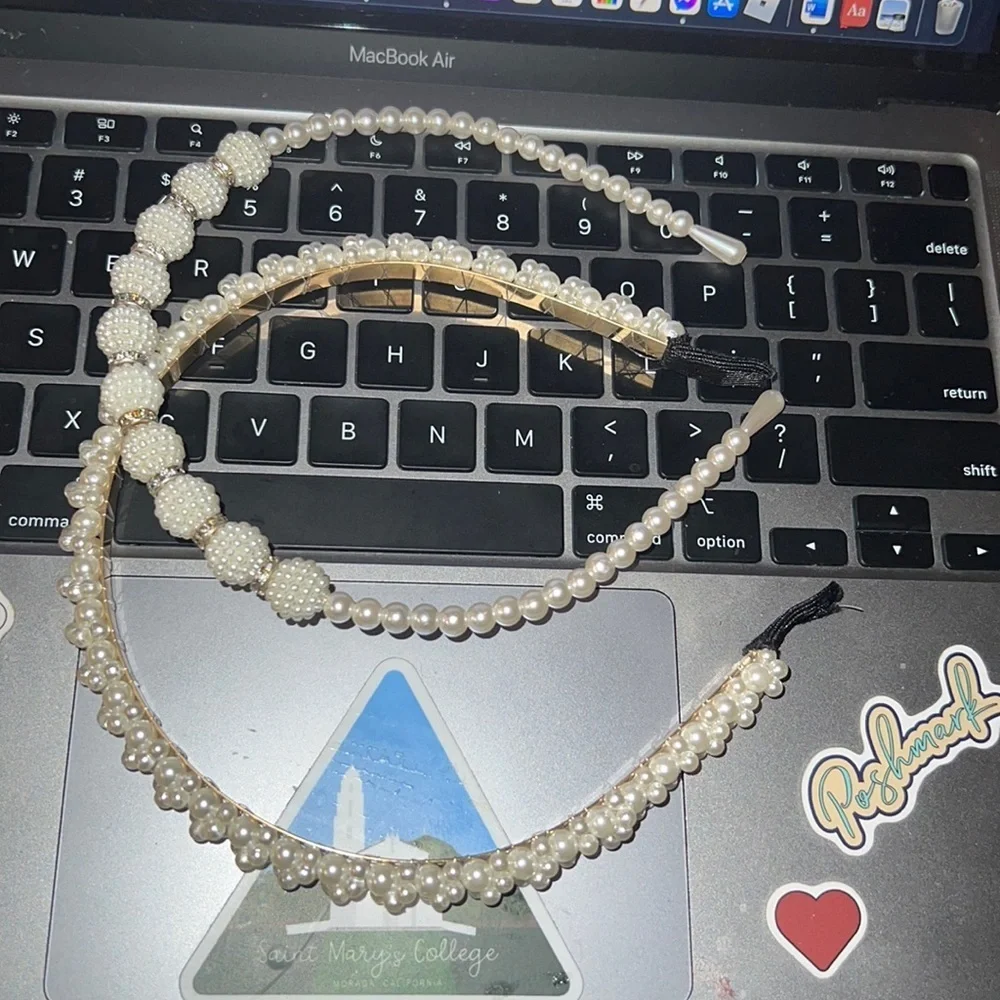 2 Pack Pearls‎ Fashion Headbands,White Artificial Pearl Rhinestones Hairbands